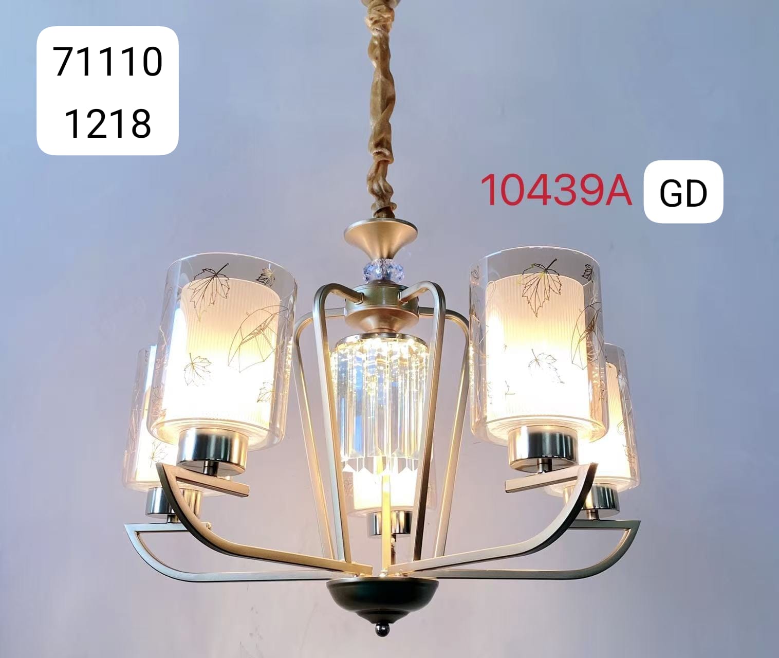 Gold 5-Arm leaf-print Glass Chandelier