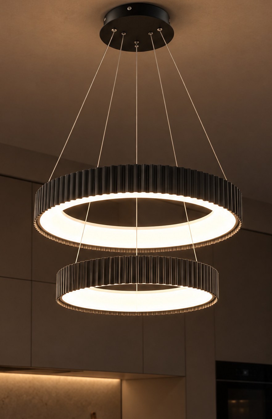 008 Double-Tier LED ring chandelier above a kitchen island