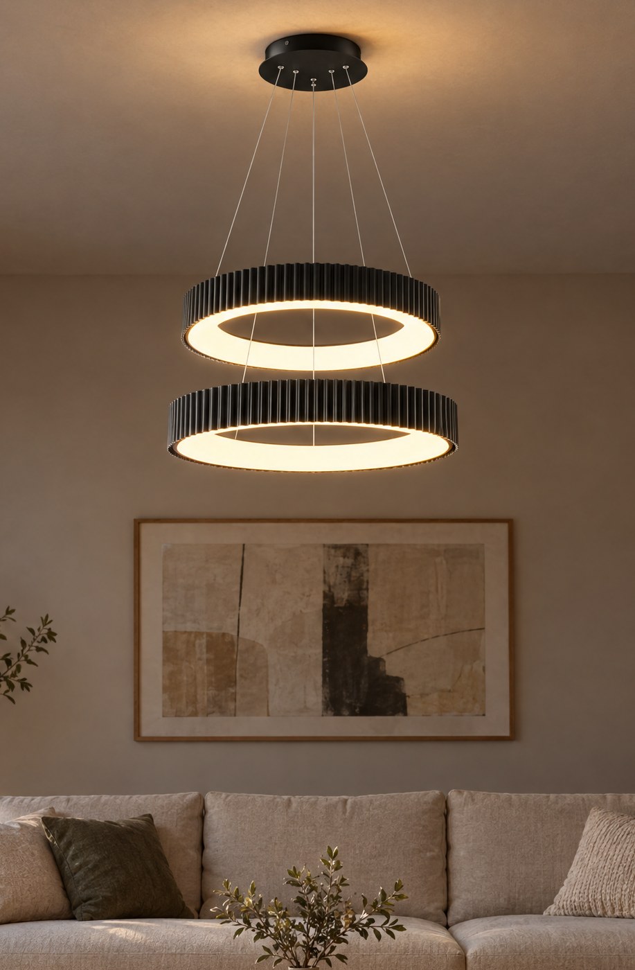 008 Double-Tier LED ring chandelier in a modern living room