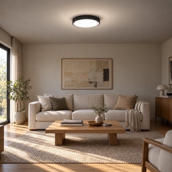 New 008 Flush Ceiling Light 3CCT – Black & White, Ø450mm - in a modern living room