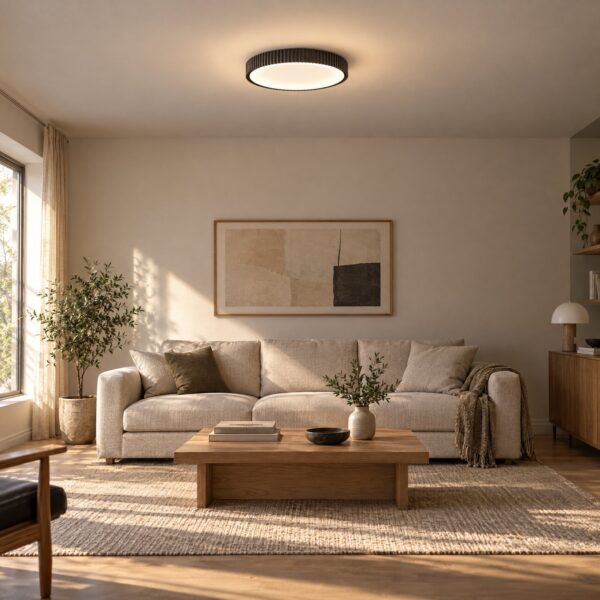 008 Flush Ceiling Light 3CCT – Black, Ø400mm - in a modern living room