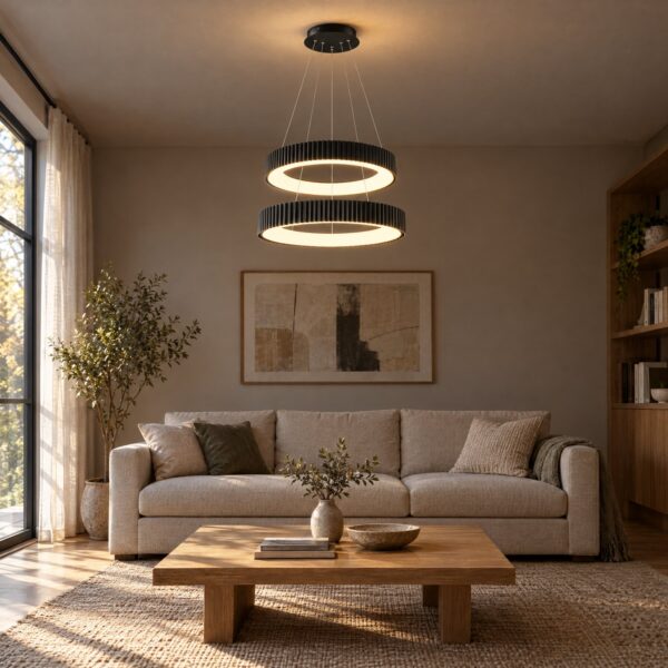008 Double-Layer Pendant Light 3CCT – Black, Ø400+600mm - in a modern living room