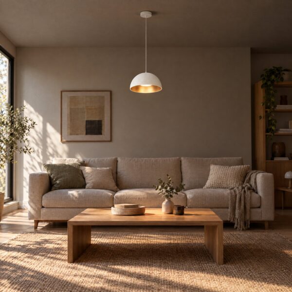 9108 Pendant Light 3CCT – White & Gold, Ø300mm - in a modern living room