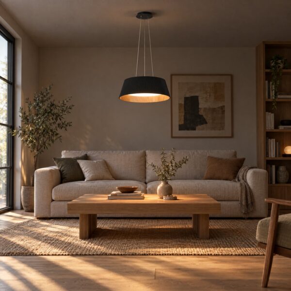 Golden Premium No.1 Pendant Light 3CCT – Black & Natural Wood, Ø450×155mm - in a modern living room