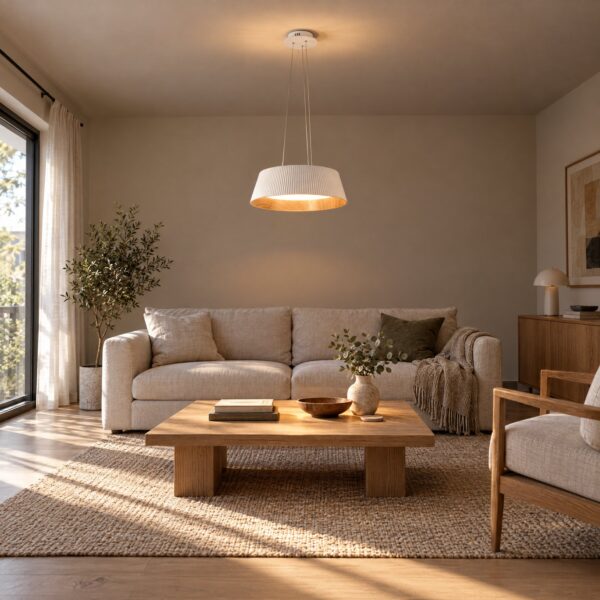 Golden Premium No.1 Pendant Light 3CCT – White & Natural Wood, Ø450×155mm - in a modern living room